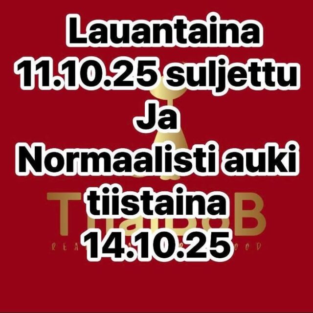 🌞 Hei rakkaat asiakkaat!Huomenna lauantaina pidämme ovet kiinni ja suuntaamme ansaitulle 3 päivän lomalle. Palaamme pannujen ääreen tiistaina täynnä uutta virtaa!💡 Loman aikana mietimme teille herkullisia lounastarjouksia tiistaille ja torstaille – ja lupaamme julkaista ne jo maanantaina meidän Facebook-sivuille, jotta ehditte suunnitella lounashetkenne hyvissä ajoin.🙏 Kiitos tästä viikosta – teidän ansiosta on helppo hymyillä ja iloita työstä. On etuoikeus saada palvella näin ihania asiakkaita.👋 Nähdään tiistaina Topaasiaukiolla! Uusien aterioiden toiveet ovat aina tervetulleita – kerro rohkeasti, mitä haluaisit lautasellesi.Thaibobin Poppoo