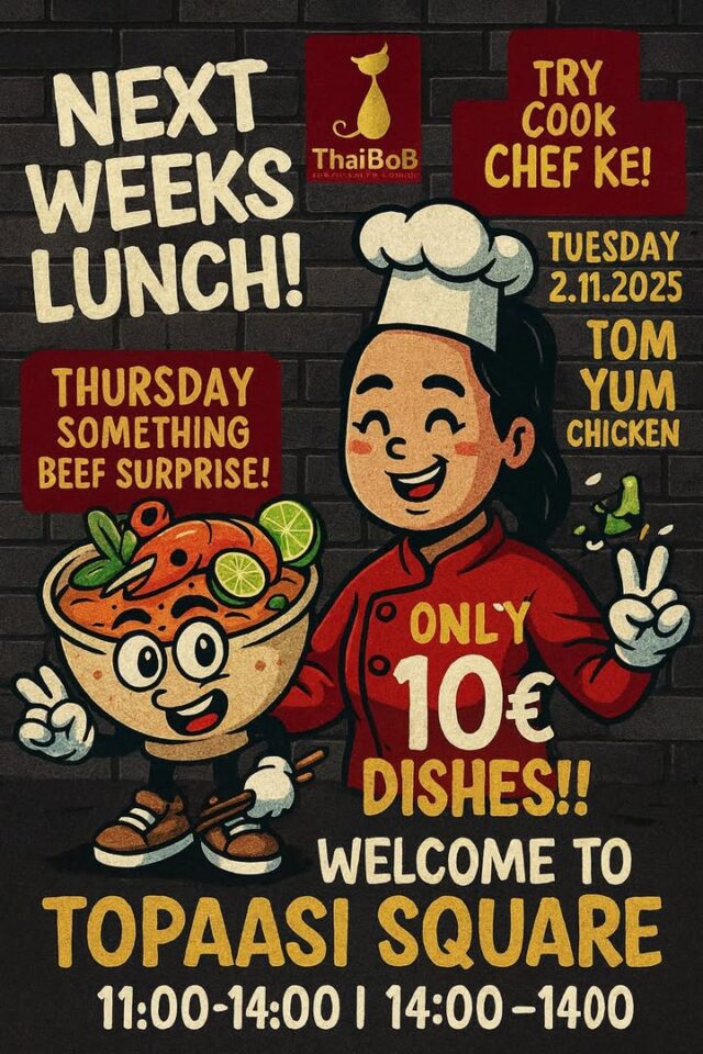 🔥 Lounasviikko starttaa huomenna! 🔥 Tiistaina 2.12. tarjolla Tom Yam Kanalla – klassikko potkulla ja lämmöllä! Torstaina luvassa naudanliha yllätysannos – mutta mikä se on, selviää vain Thaibobin Facebook-sivuilta… 👀🍽️ Lounaat vain 10€ / annos ⏰ Tarjolla klo 11:00–14:00 📍 Topaasiaukio, Kivistö👉 Seuraa Thaibobin Facebookia, niin pysyt mukana yllätyksissä ja uusissa annoksissa!
