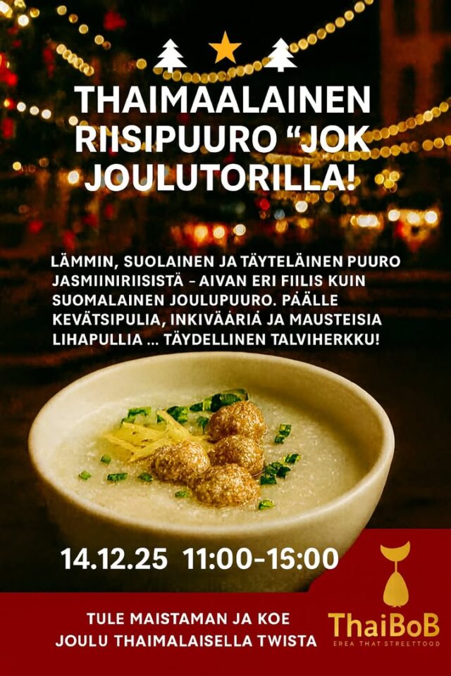 🇹🇭 Thaibob – Viikon lounasherkut & joulumarkkinatunnelmaa 🎄 🍽️ Lounasaika klo 11:00–14:00 | 💸 Lounaat mukaan 10 €🔥 Tiistai: Phat Priau Wan Thaimaalainen sweet & sour -klassikko: kanaa tai possua, paprikaa, sipulia, tomaattia ja ananasta raikkaassa makean ja kirpeän kastikkeessa.🌿 Torstai: Khai Phat Khing – Inkiväärikana Inkiväärin lämmittävä voima yhdistyy kanan, paprikan ja kevätsipulin kanssa. Osterikastike ja chili tuovat syvyyttä – täydellinen viileään päivään.🎅 Su 14.12.2025: Kivistön joulumarkkinat Tarjoilemme perinteistä Jok-riisipuuroa: hitaasti keitetty riisi, jauhettu possu, kevätsipuli ja kananmuna – täyteläinen ja lohduttava talviherkku.✨ Tule herkuttelemaan ja kokemaan makumatka Thaimaahan – Thaibobissa se alkaa! 📍 Seuraa meitä Facebookissa @ThaibobStreetfood