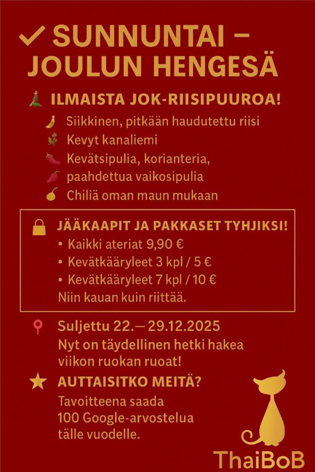 Heips! Tänään meni paljon porsaan potkia – kiitos kaikille herkuttelijoille! 💛  Huomenna olisi vielä pari potkaa nopeimmille tarjolla. Huomenna avataan 12:30 ja suljetaan kun kaikki raaka-aineet on loppu