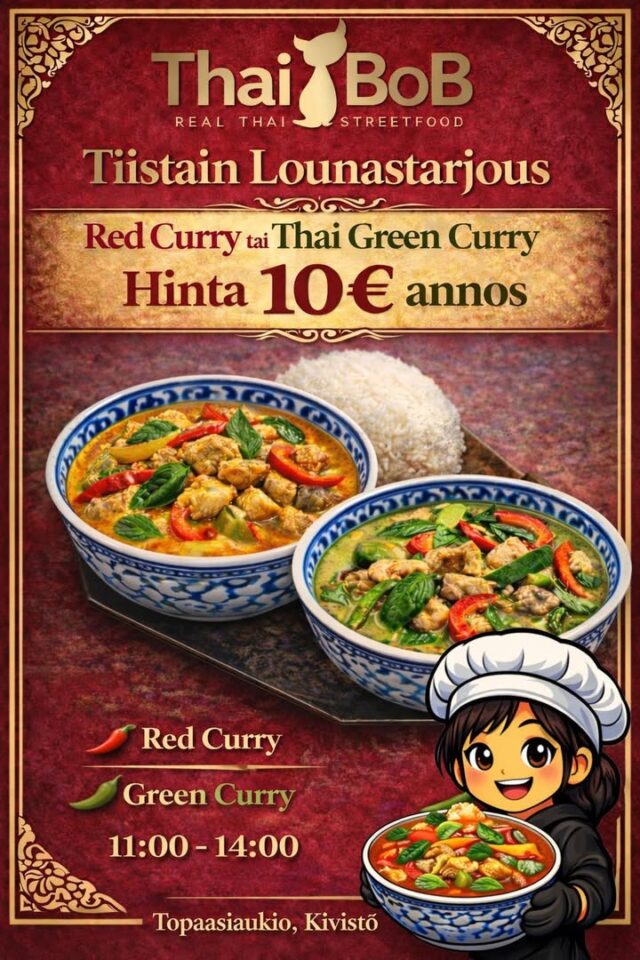 Heips Kivistö!  Huomenna
06.01.2026 meillä tapahtuu – listalle saapuu uusia annoksia, ja lounaalla pääset maistelemaan
testissä olevia Red Curry- ja Green Curry ‑annoksia
huippuhintaan 10 € / annos klo 11–14.Tuu piipahtamaan Topaasiaukiolle ja tule herkuttelemaan – tehdään yhdessä tästäkin päivästä maukas ja iloinen!Nähdään Kivistössä ❤️🔥