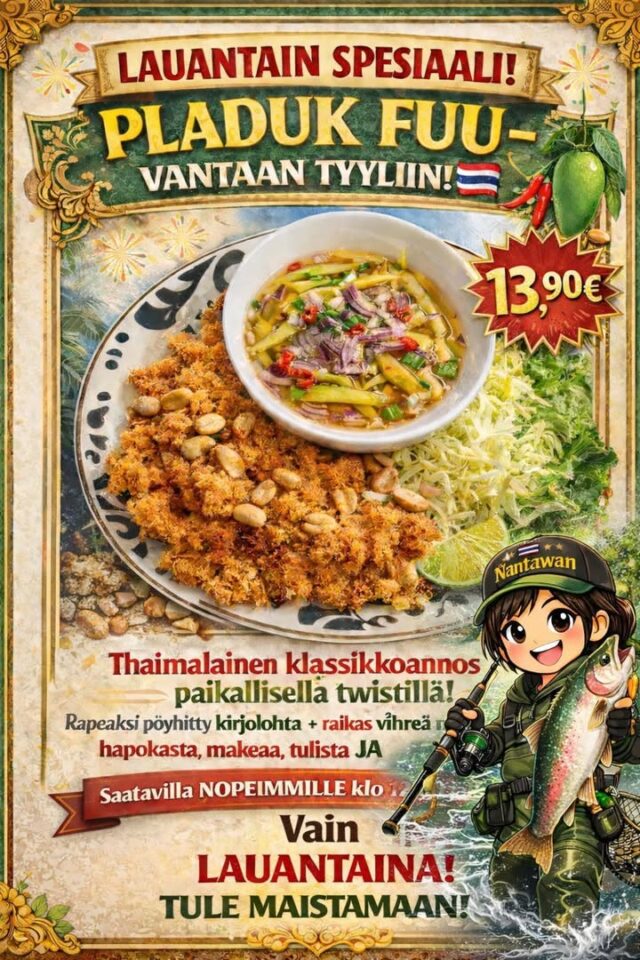 LAUANTAI SPESIAALI! Pladuuk Fuu – Thaimaan rakastettu herkku nyt meiltä!Haluatko jotain kevyttä, superrapeaa ja täynnä aitoja thaimaalaisia makuja? Pladuuk fuu (ปลาดุกฟู) on juuri sitä. Rapeaksi paistettu, ilmava kirjolohi tarjoillaan raikkaan vihreän mangosalaatin kanssa – täydellinen yhdistelmä
hapanta, makeaa, tulista ja suolaista.✨ Miksi kaikki rakastavat tätä annosta?Uskomattoman rapeaa ja ilmavaaRaikas vihreän mangon salaatti tasapainottaa makujaTäydellinen alkuruoka tai jaettava annosAito thaimaalainen klassikko, joka hurmaa jokaisenJos et ole vielä maistanut tätä, nyt on oikea hetki. Tule herkuttelemaan – tämä annos vie sinut suoraan Thaimaan makumatkalle
#topaasiaukio #kivistö #thaifood #saturday #special #cat