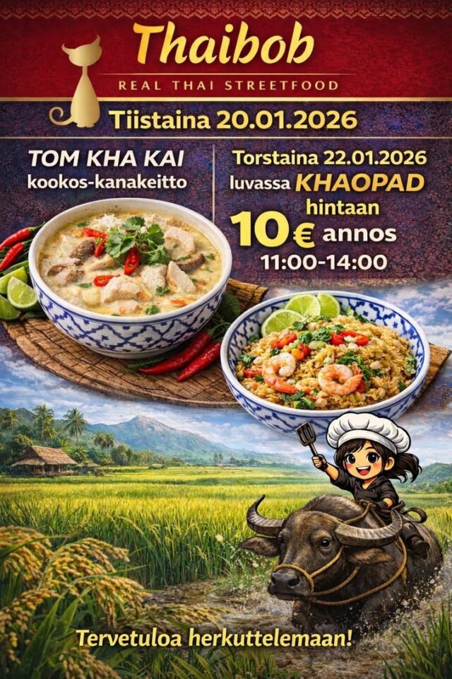 Lämpimästi tervetuloa Thaibobin lounaalle! 🌶️
Lauantaina luvassa spesiaalina herkullinen naudanlihasta valmistettu yllätysannos – tarkemmat tiedot paljastuvat Thaibobin Facebook-sivuilla.Tykkääjien kesken arvomme Thaibob-pipon lämmittämään kylmille keleille sekä vapaavalintaisen ruoka-annoksen listaltamme #thaibob #topaasiaukio #kivistö