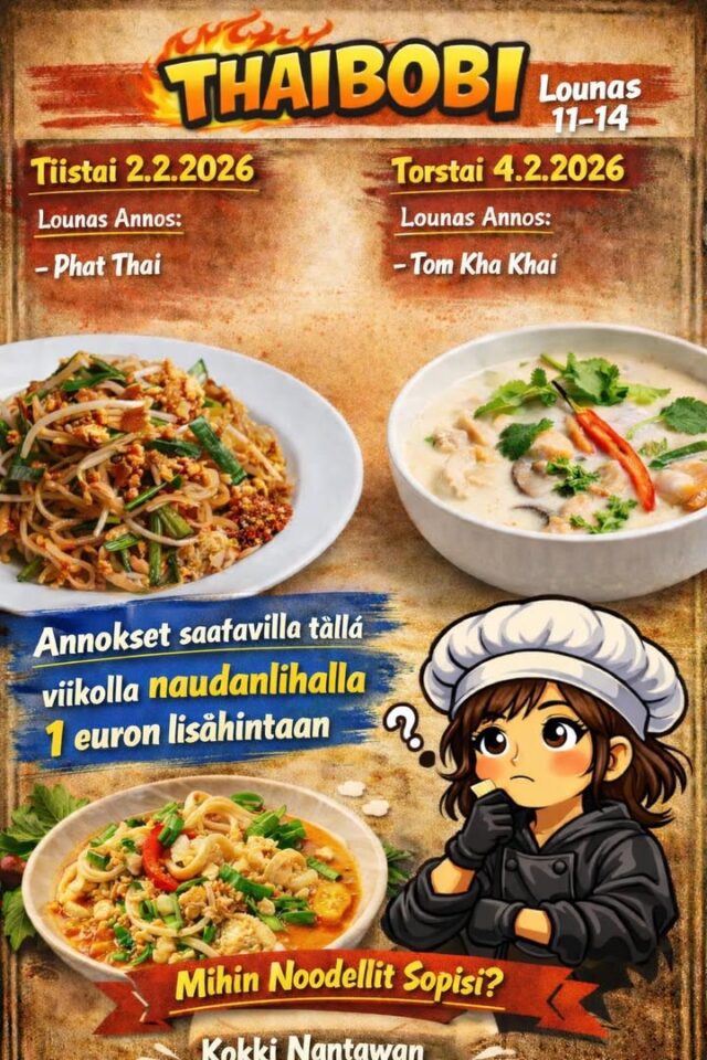 ❄️ Kylmät kelit, mutta me pidetään teidät lämpiminä! 🔥 Chili, höyryävät keitot ja hyvä mieli – niillä selviää viikosta.Teidän toiveesta hankittiin tälle viikolle myös
naudanlihaa, ja sitä saa nyt annoksen liha vaihtoehdoksi
+1 € lisähinnalla. Ja jos mieli tekee vaihtelua, voit kysyä kokilta mahdollisuutta saada annos myös
nuudelivaihtoehdolla.Lämpimästi tervetuloa herkuttelemaan – me pidetään huolta, että kylmä unohtuu heti ensimmäisellä lusikallisella ❤️🔥
#thaibob #topaasiauki #kivistö