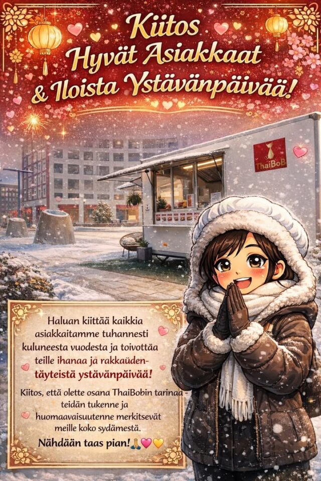 💛 Hyvää ystävänpäivää! 💛 Thaibob haluaa kiittää tuhannesti kaikkia teitä, jotka olette käyneet tällä viikolla – ja koko matkan ajan – meidän luukuilla 💚 Kivistössä ollaan oltu jo melkein 2 vuotta, ja tuntuu ihanalta huomata, että moni teistä ei ole enää vain asiakas, vaan ystävä. Iso kiitos myös siitä, että olette jaksaneet tulla pakkasesta ja huonoista keleistä huolimatta noutamaan aterioita. Se merkitsee meille enemmän kuin sanat riittävät kertomaan 🙏 #thaibob #topaasiauki #kivistö