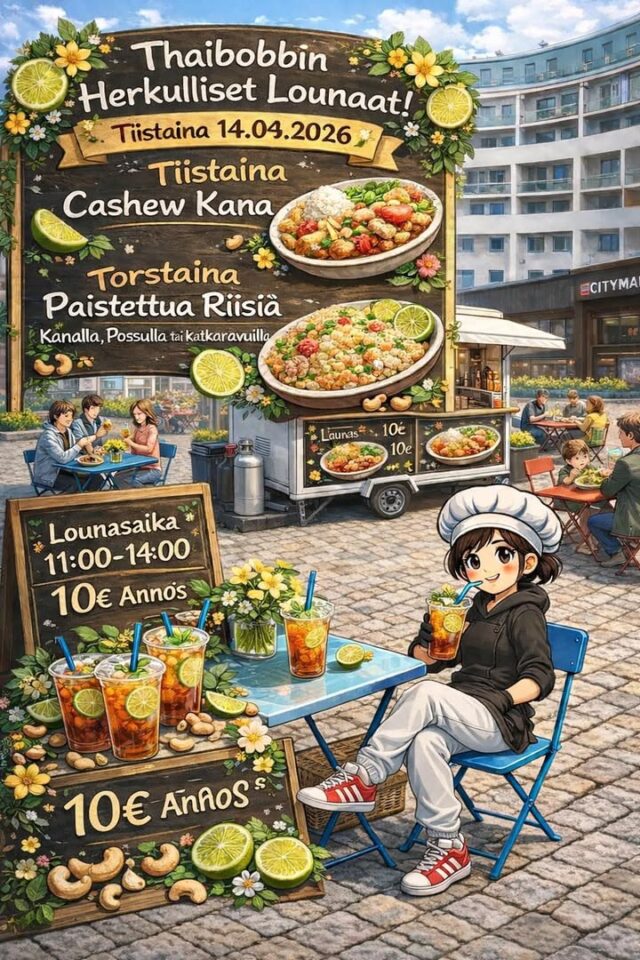 🔥 Tällä viikolla lounaalla! 🔥 Lounasaika
11:00–14:00Ti 14.04.2026 🥥 Cashew-kanaa – lempeän tulinen klassikko, paljon makua ja rapeutta.To 16.04.2026 🍚 Paistettua riisiä
kanalla, possulla tai katkaravuilla – valitse oma suosikkisi!✨ UUTTA! Huomenna myyntiin tulee myös
aidot thaimaalaiset jääteet – täydellinen juoma lounaan kylkeen.