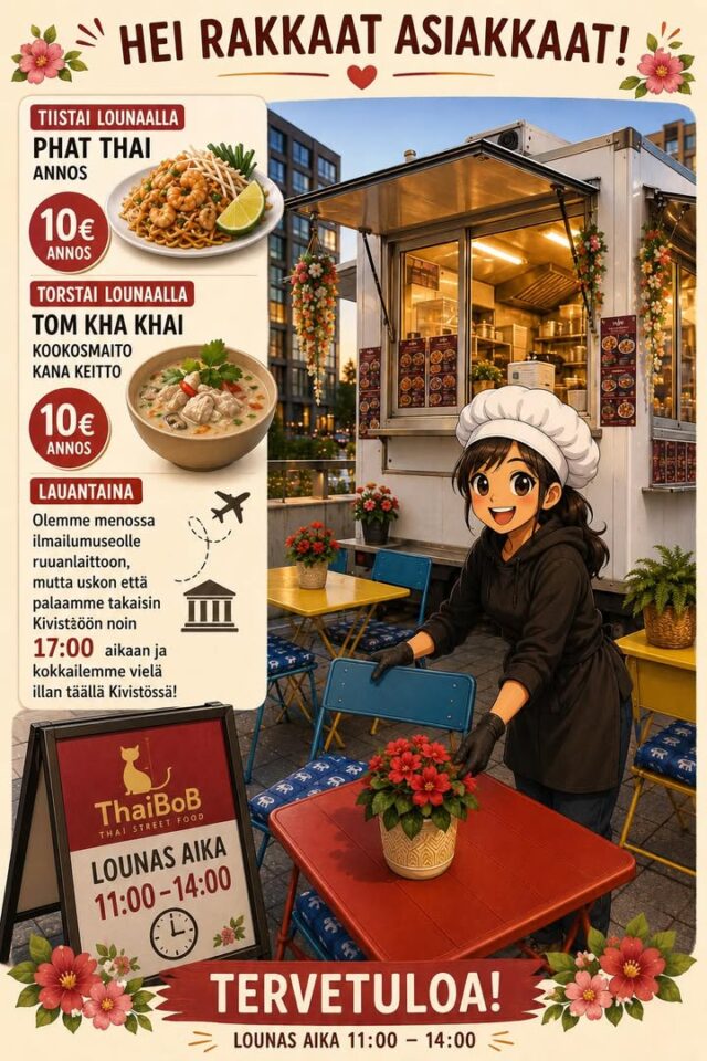 ❤️ Hei rakkaat asiakkaat! ❤️Tällä viikolla herkutellaan taas kunnolla Kivistössä!Tiistaina pannulla paistuu 🍜
Phat Thai – klassikko, joka ei petä koskaan.Torstaina lämmittää 🥥
Tom Kha Kai – kookosmaidolla tehty kana‑keitto, lempeä ja aromikas.⏰ Lounas tarjolla 11:00–14:00.✈️ Lauantaina suuntaamme ilmailumuseolle kokkailemaan, mutta ei hätää – palaamme takaisin Kivistöön noin
klo 17:00, ja jatkamme kokkailua vielä illalla. Eli iltapala hoituu meiltä, vaikka kokki käykin pienellä lentoreissulla.🙏 Kiitos teille kaikille tuesta ja hyvästä fiiliksestä joka päivä. Nähdään lounaalla ja illalla Topaasiaukiolla!