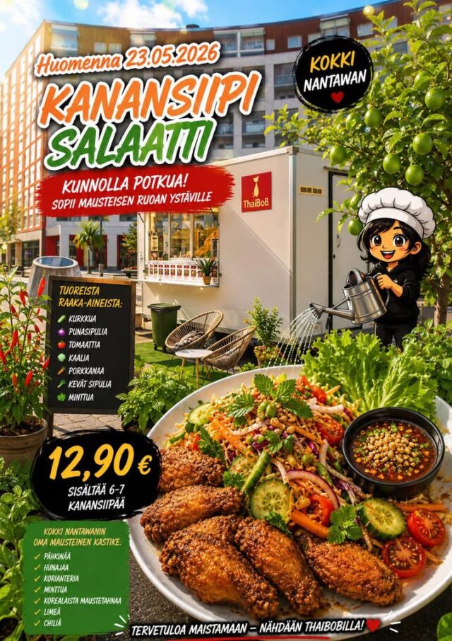 Päivän annos on valmiina heti klo 12:00 jälkeen!  Tuoksut leviävät Topaasiaukiolle ja pannulla porisee juuri se maku, joka tekee päivästä paremman ❤️Annosta myydään niin kauan kuin raaka‑aineet riittävät — eli kannattaa tulla ajoissa, ennen kuin viimeinen lusikallinen katoaa!Lämpimästi tervetuloa herkuttelemaan ja nauttimaan hetkestä, joka maistuu Thaimaalta ja tuntuu kodilta 🙏🌶️