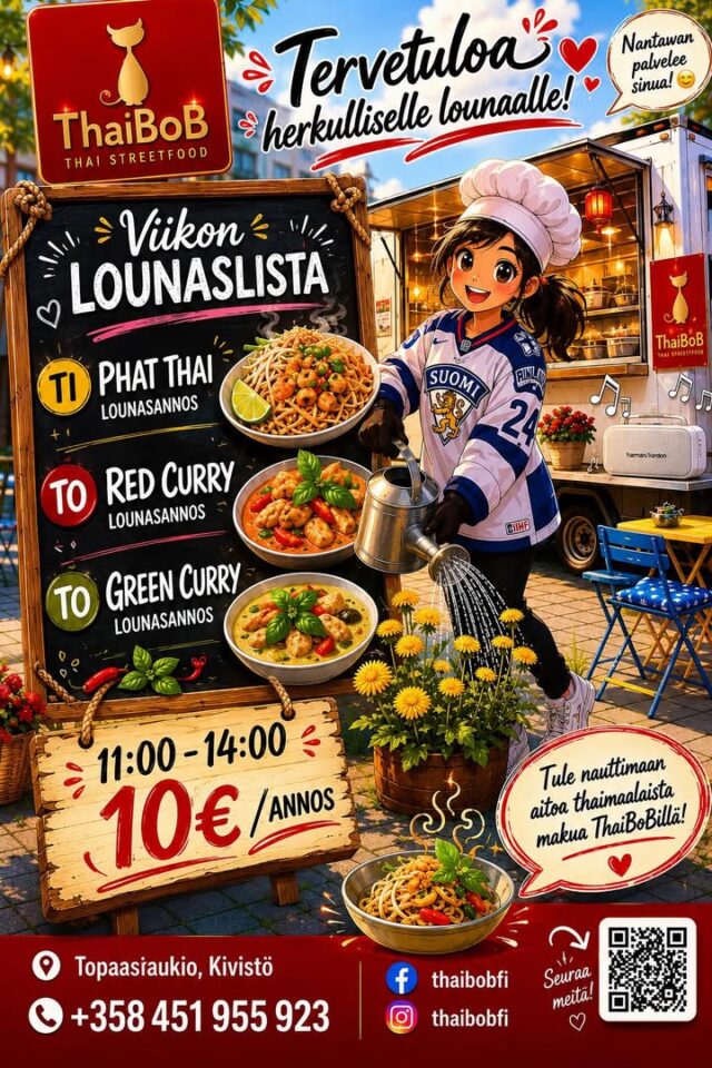 🏒🇫🇮 Tervetuloa lounaalle Thaibobille Topaasiaukiolle! 🇹🇭✨02.6 ja 04.6.26🌶️Suomen mestaruuden kunniaksi tarjoamme herkullista thaimaalaista lounasta – makuja, jotka osuvat varmasti maaliin! 😄🔥Nähdään Topaasiaukiolla!