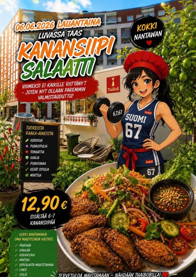 Huomio herkkusuut!
Thaibob tarjoilee huomenna taas suosittua kanansiipisalaattia – viime kerran yllätyssuosikki palaa entistä vahvempana. Tällä kertaa siipiä riittää kaikille halukkaille.
Kastike on tulinen, joten nyt on oikea hetki testata, kuka on työporukan todellinen chilisankari.#ThaiBoB #topaasiaukio #kivistö