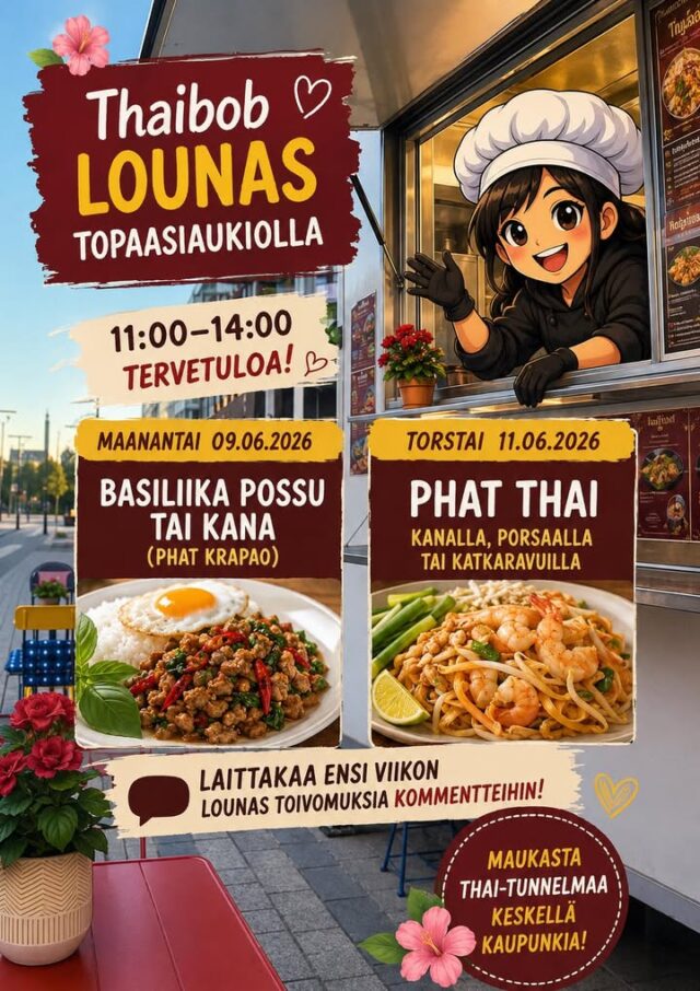 ❤️ Hei ihanat asiakkaat!Tällä viikolla Topaasiaukiolla herkutellaan: 🔥
Tiistaina – Phat Krapao 🍜 Torstaina – Phat Thai⏰ Lounasaika 10:00–14:00 💛 Annokset lounashintaan
10 €Tervetuloa nauttimaan maukkaasta thaimaalaisesta lounaasta Kivistöön.