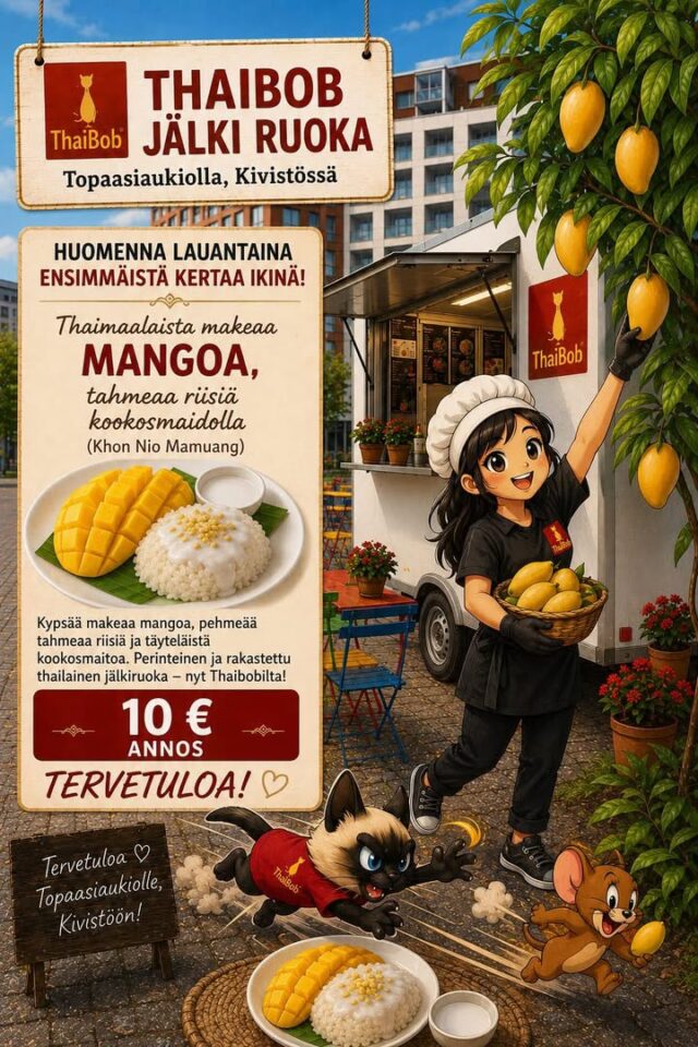 🥭🇹🇭 Huomenna jotain erityistä Thaibobilla! 🇹🇭🥭Kello 12.30 jälkeen tarjolla on aitoa thaimaalaista herkkua – Mango Sticky Rice (Khao Niao Mamuang).💛 Aitoja, todella makeita thaimaalaisia mangoja
🥥 Pehmeää tahmeaa riisiä kookosmaidolla
✨ Valmistettu perinteiseen thaimaalaiseen tapaanMangoja saimme rajallisen erän, joten herkkua riittää vain 10 ensimmäiselle asiakkaalle.💶 Hinta: 10 € / annosNähdään Topaasiaukiolla Kivistössä – tule ajoissa, ettei jää pelkkä mangon tuoksu muistoksi! 😊🥭