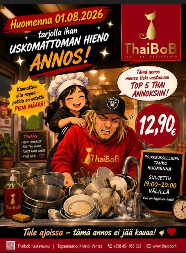 🔥 HUOMENNA LAUANTAINA 01.08. – KAR KAR MUU! 🔥Huomenna Thaibobilla on tarjolla yksi Thaimaan todellisista herkuista – Kar Kar Muu! 😍Pitkään haudutettua, suussa sulavaa porsaanpotkaa, joka tarjoillaan aidolla thaimaalaisella reseptillä. Tämä annos kuuluu meidän tiskivastaavan TOP 5 -suosikkeihin, eikä syyttä! 🇹🇭❤️⚠️ Kannattaa olla nopea!
Porsaanpotkaa saatiin vain rajoitettu erä, joten annoksia riittää vain niin kauan kuin niitä riittää.💰 Vain 12,90 €🕖 Huom! Suljemme huomenna poikkeuksellisesti klo 19.00–20.00, jotta saamme keittiön taas iskuun kiireisimmän päivän jälkeen.Tervetuloa herkuttelemaan Topaasiaukiolle – nähdään Thaibobilla! 🇹🇭🐷🍚