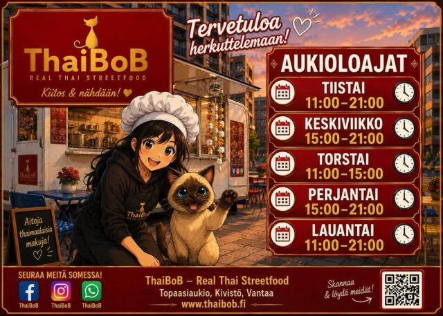 ❤️ Tervetuloa lounaalle, rakkaat asiakkaat! 🇹🇭
Tuhannet kiitokset viime viikosta! 🙏 Muistakaa antaa meille rohkeasti palautetta ja ehdottaa uusia thaimaalaisia annoksia – haluamme uudistaa menuamme juuri teidän toiveidenne mukaan. Lauantaille saa myös ehdottaa viikon spesiaalia! 😋🔥
🕐 Aukioloajat:
Ti 11–21 | Ke 15–21 | To 11–21 | Pe 15–21 | La 11–21
🌧️ Sateella kannattaa soittaa tilaus etukäteen, niin ei tarvitse odotella kastuen.
🇹🇭❤️ Kiitos ja nähdään Thaibobilla!