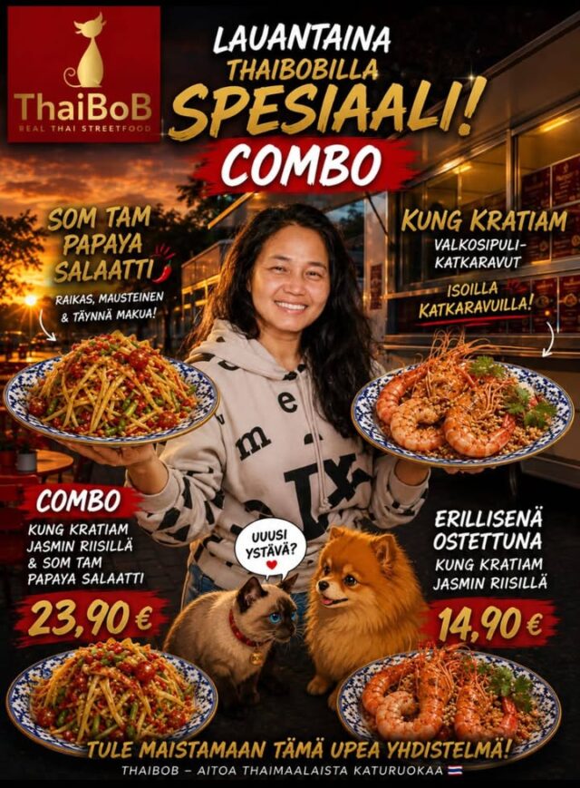 ❤️🇹🇭 Hei rakkaat asiakkaat! 🇹🇭❤️Huomenna Thaibobilla pääsee testiin ihan uusi annos! 😍🔥🍤 Kung Kratiam – valkosipulikatkaravut isoilla katkaravuilla ja jasmiiniriisillä 14,90 €
🥗 Tai kokeile COMBOA: Kung Kratiam + Som Tam -papaijasalaatti 23,90 €Tämä on nyt testi — jos teille maistuu, laitetaan annos pysyvästi listalle! 😋Haluamme muutenkin hieman uudistaa Thaibobin ruokalistaa, ja nyt on teidän vuoronne vaikuttaa. ❤️ Mitä thaimaalaista annosta haluaisit nähdä meidän listalla? Kaikki ideat ja toiveet kommentteihin! 👇Nähdään huomenna Topaasiaukiolla! 🇹🇭🍤🔥
Thaibob – aitoa thaimaalaista katuruokaa ❤️