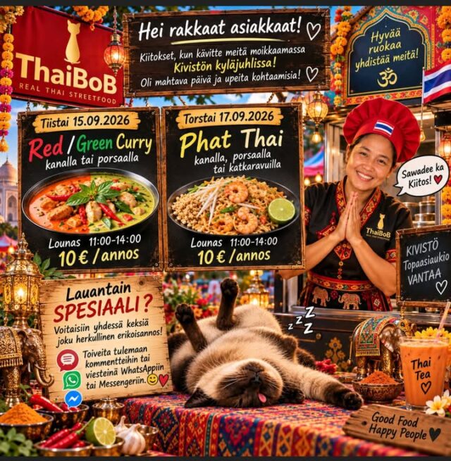 Hei rakkaat asiakkaat! ❤️🇹🇭Iso kiitos kaikille, jotka kävitte moikkaamassa meitä Kivistön kyläjuhlissa! 🥰 Oli mahtavaa nähdä tuttuja kasvoja ja tavata paljon uusia ihmisiä.Erityisen suuri kiitos Marjaverkolle ❤️ On hienoa, että Kivistöön järjestetään tapahtumia, toimintaa ja yhteistä tekemistä. Tällaiset päivät tekevät meidän kylästä eläväisen ja tuovat ihmiset yhteen. 🙏🌸Ensi viikolla palataan taas Topaasiaukiolle lounaiden pariin! 🔥
🌶️ Tiistaina 15.9. – Red & Green Curry kanalla tai porsaalla
🍜 Torstaina 17.9. – asiakkaiden toiveesta Phat Thai kanalla, porsaalla tai katkaravuilla
⏰ Lounas klo 11–14 • 10 € / annosJa sitten LAUANTAIN SPESIAALI! 🔥🤔 Tällä kertaa päätösvalta annetaan teille! 😄 Mikä annos pitäisi Kokki Nantawanin tehdä lauantaina? Heittäkää ehdotuksia kommentteihin tai lähettäkää niitä meille WhatsAppilla tai Messengerillä. Eniten kannatusta saanut herkku pääsee lauantain spesiaaliksi! ❤️🇹🇭Bob-kissa on kyläjuhlien jälkeen jo aloittanut valmistautumisen ensi viikkoon… nukkumalla.