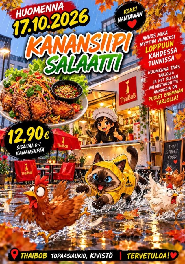 THAIBOBIN KANANSIIPISALAATTI 🇹🇭❤️

Annos sisältää 6–7 rapeaa kanansiipeä, runsaan annoksen tuoretta salaattia sekä kokki Nantawanin itse valmistamaa herkullista, mausteista kastiketta! 🌶️

🥬 Salaatti valmistetaan tuoreista raaka-aineista:
Kurkku
Punasipulia
Tomaattia
Kaalia
Porkkanaa
Kevätsipulia
Tuoretta minttua
🌶️ Kokki Nantawanin oma mausteinen kastike sisältää:
Pähkinää 🥜
Hunajaa 🍯
Korianteria
Minttua
Korealaista maustetahnaa
Limeä
Chiliä 🔥

💥 Hinta vain 12,90 €!

❤️ Viimeksi tämä herkku myytiin loppuun vain kahdessa tunnissa! Nyt olemme varautuneet paremmin ja annoksia on tarjolla puolet enemmän!

📍 Thaibob – Topaasiaukio, Kivistö
🇹🇭 Tervetuloa nauttimaan aidosta thaimaalaisesta makuelämyksestä! ❤️